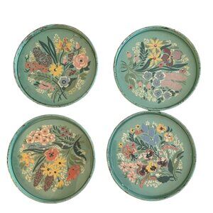 4 Vintage Hand Painted Toleware Robins Egg Blue Floral COASTER SET Metal w Glass
